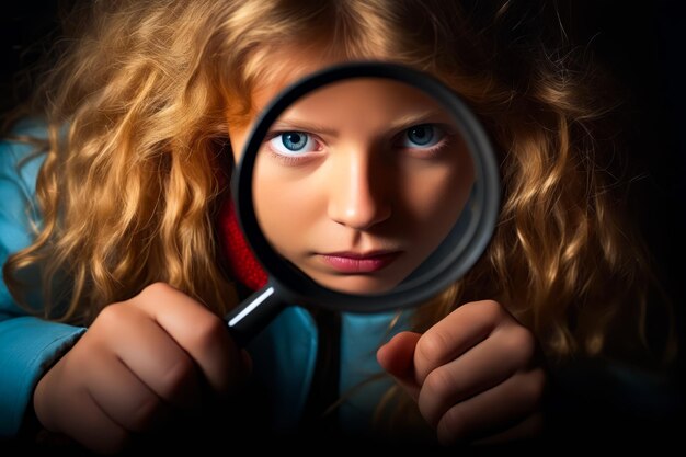 Photo girl looking through magnifying glass at her face generative ai