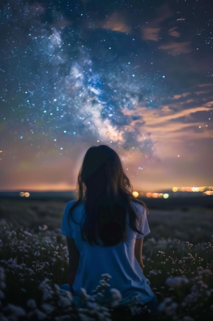 Photo girl looking up at the starry night sky