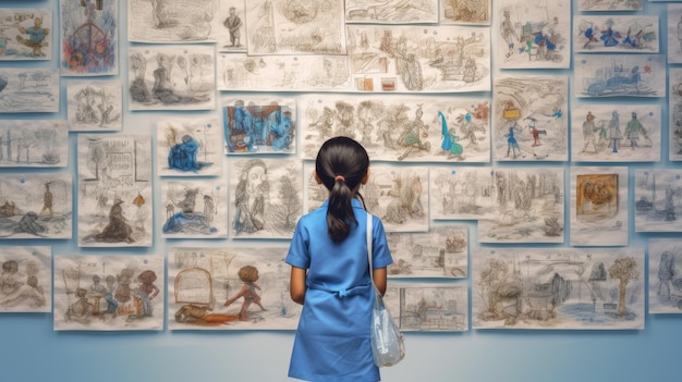 A girl looking at a wall of drawings