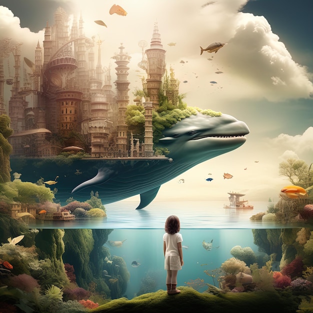 Девушка смотрит на кита в фантастическом мире.