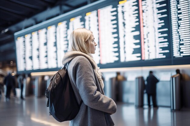 A girl looks at the board with the schedule of departures of passenger transport