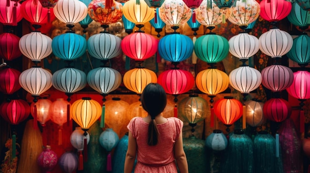 A girl looks at a colorful paper lantern at a market in vietnam