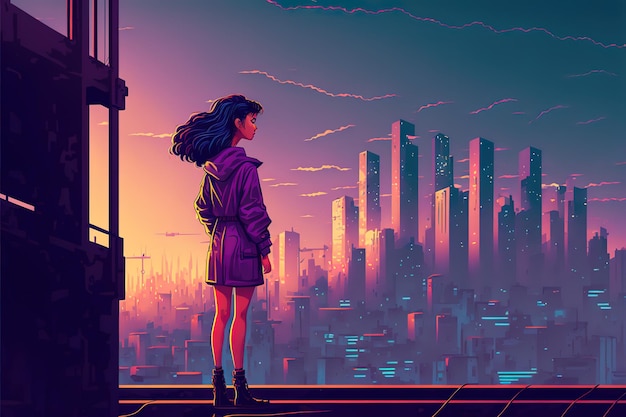 Foto la ragazza guarda la città cyberpunk