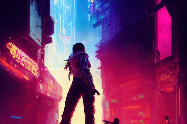 A girl looks at a futuristic cyberpunk city ilustration