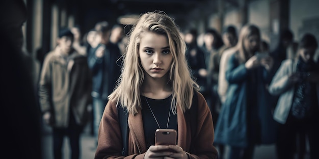 A girl looks at her phone in a crowd.