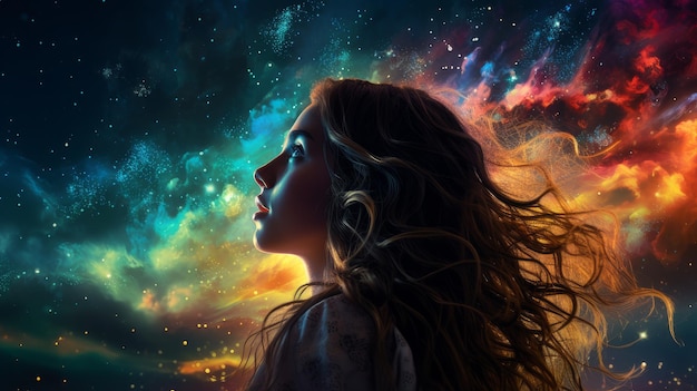 Девушка смотрит в космос.