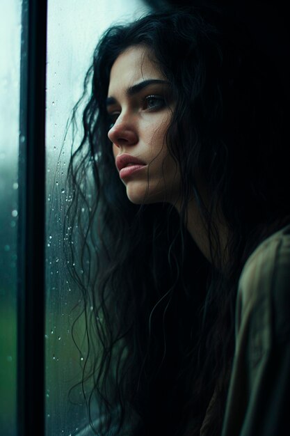  Premium Photo | The girl looks out the rainy window Generative AI Nature