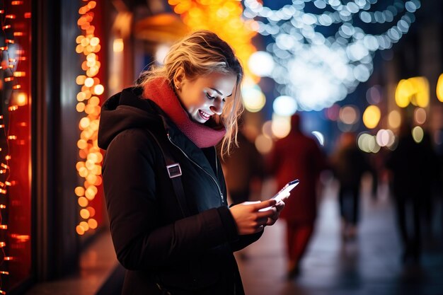 The girl looks at the phone and smiles