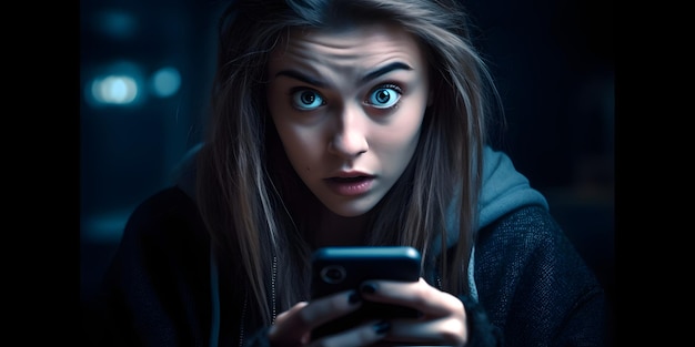 A girl looks at a phone with a blue eyes