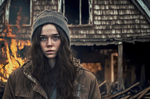 Girl looks at remaining ruins after fire burning house