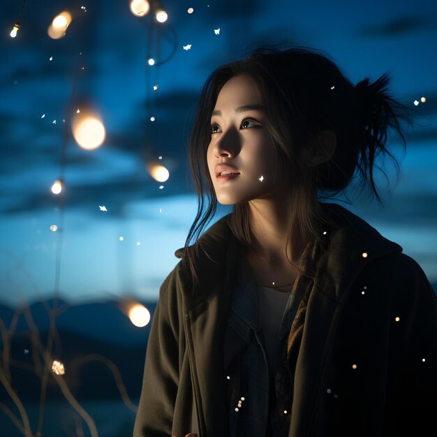 A girl looks at the sky full of lights