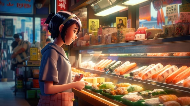 Photo a girl looks at sushi in a restaurant.