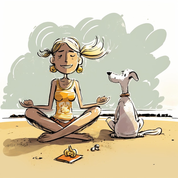 근처에 있는 강아지와 함께 요가를 연습하는 고요한 해변에서 로터스 포즈를 취하는 소녀 만화 스타일 그림