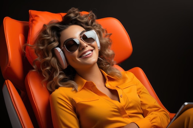 девушка лежит в кресле с большим телефоном на оранжевом градиентном фоне