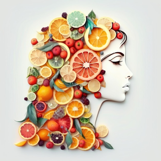 Girl made out of fruits on white background healthy concept