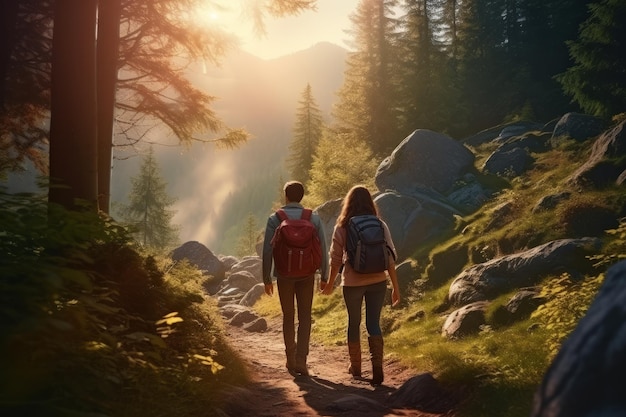 Photo a girl and a man in mountain gear are walking through the forest fun travel concept generative ai