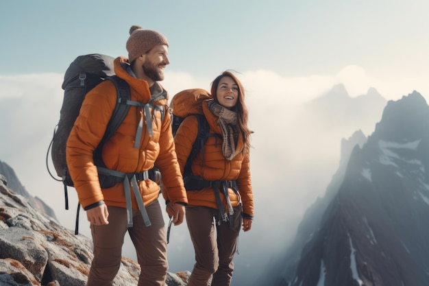 Photo a girl and a man in mountain gear on top of a mountain travel concept generative ai