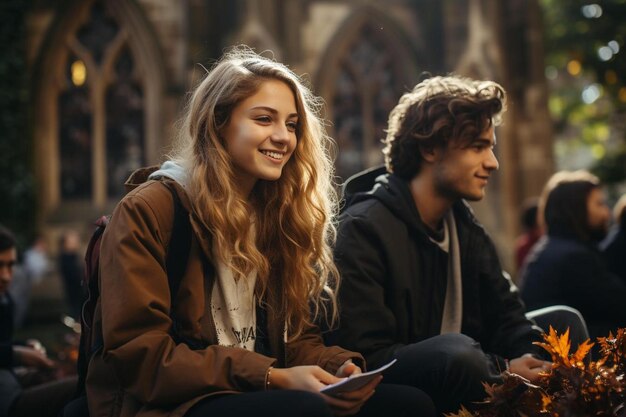 A girl and a man sit on a bench in front of a stained glass window.