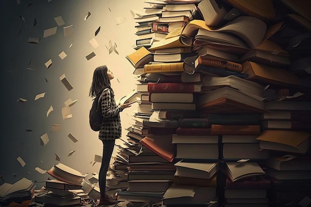 A Girl and many books Symbol of knowledge AI Generated