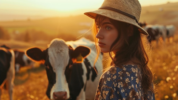 Girl in the meadow on the background of cows Agriculture Farm life