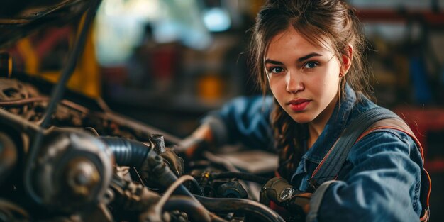 Photo girl mechanic mechanic fixing a car generative ai