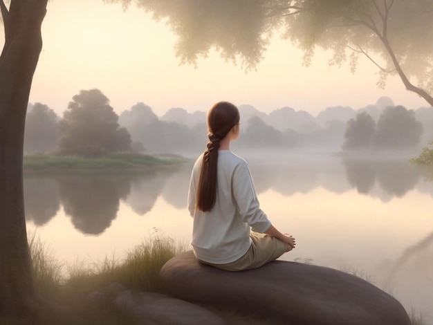 Girl meditating back view misty landscape with river and trees Meditates in nature mindfulness a