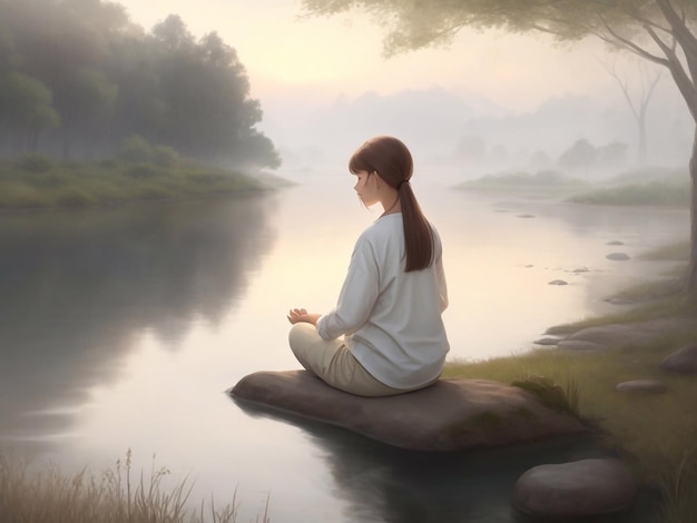 Girl meditating back view misty landscape with river and trees Meditates in nature mindfulness a