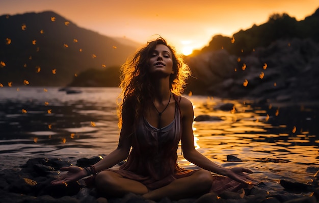 A girl meditating on the beach at sunset.