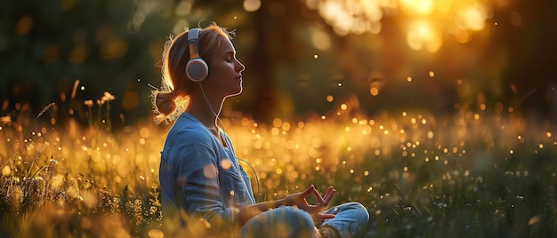 Photo a girl meditating in a field of dandelions