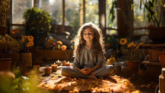 girl meditating peacefully in an environment with lots of nature