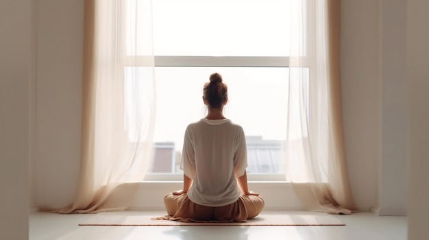 窓の近くの無地の背景に対して後ろ姿で瞑想する女の子 AI