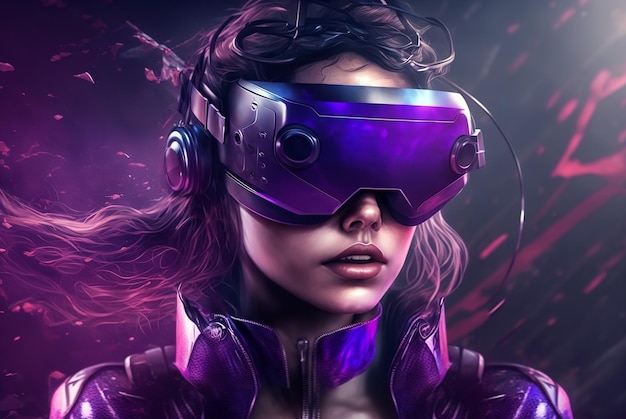 Girl in metaverse young woman uses futuristic VR headset generative AI