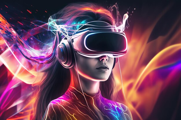 Девушка в метавселенной молодая женщина использует футуристическую VR-гарнитуру с генеративным искусственным интеллектом