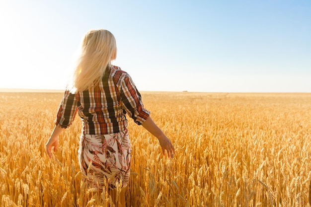 A girl in the midst of wheat spikelets. Caucasian woman posing with spikelets outside.