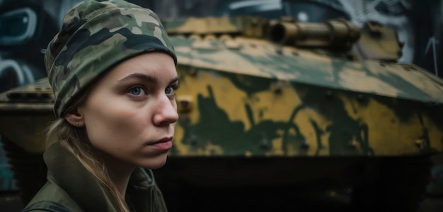 A girl in a military uniform stands in front of a tank with a machine gun.