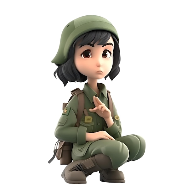 Girl in a military uniform with a backpack 3d rendering