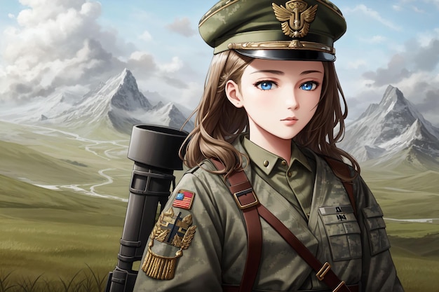 A girl in a military uniform with a mountain in the background