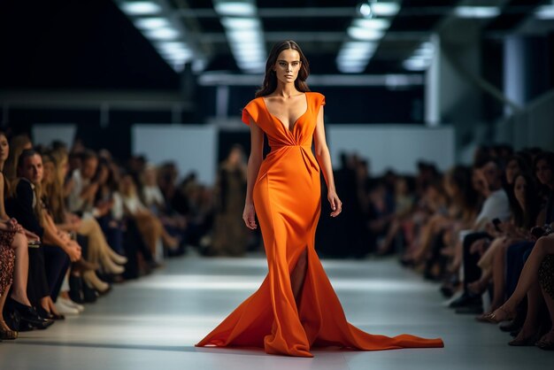 赤い長い夕方のドレスを着た女の子のモデルがコートウェイ上でHaute Coutureを披露しています