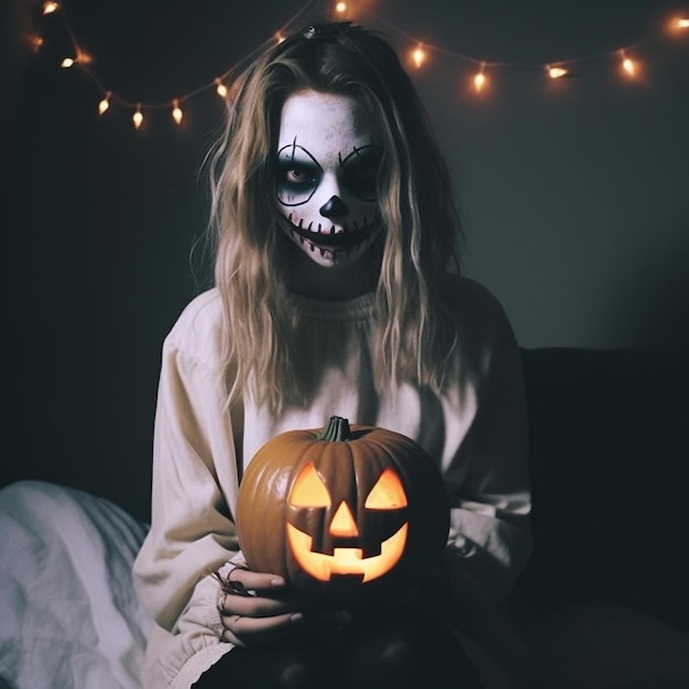 Girl model rocking a halloween dress and exquisite makeup holding spooky pumpkin