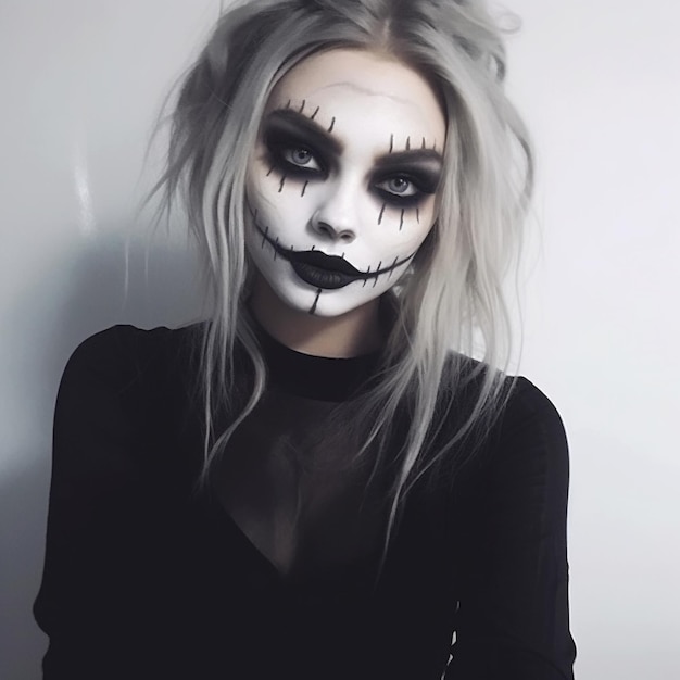 Girl Model in a Stunning Dress and Spooky Makeup