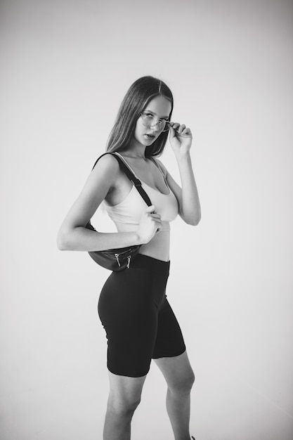 Girl model tests. Black and white photo.