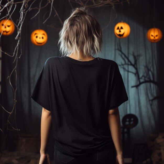 Girl model wearing black oversize t shirt halloween theme Back view modern style