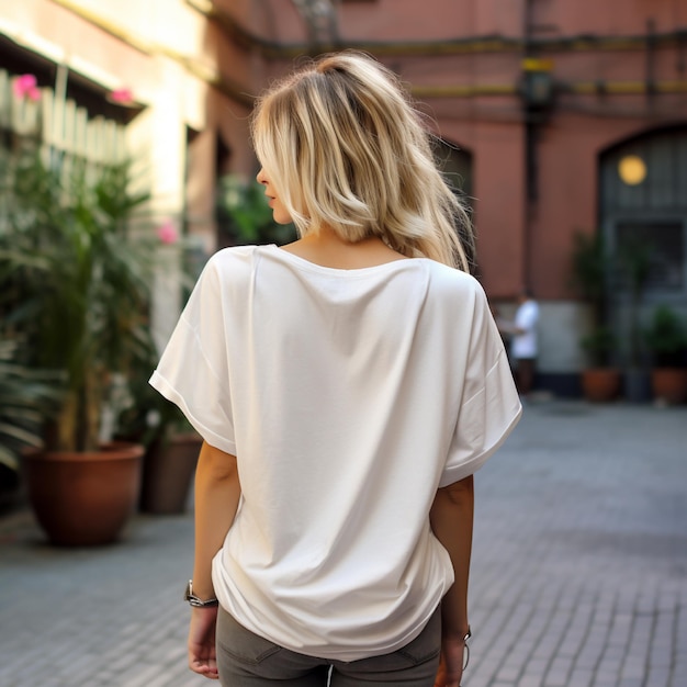 Девушка-модель в пустой белой футболке большого размера Улица Лос-Анджелеса Вид сзади в современном стиле