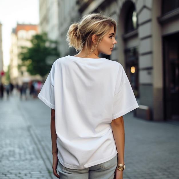 Girl model wearing blank white oversize t shirt LA street Back view modern style