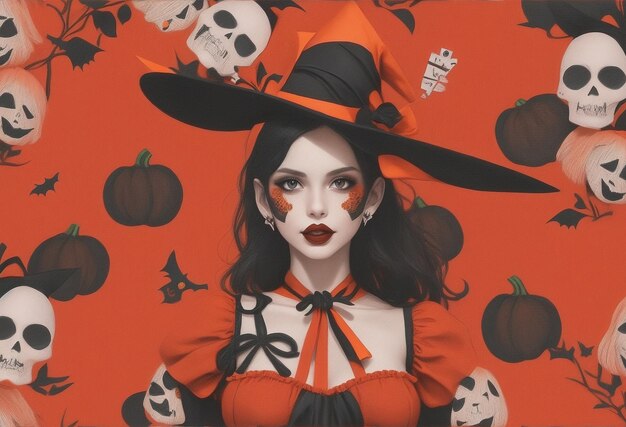 Foto modella che indossa il costume di halloween illustrazione sfondo carta da parati