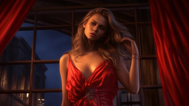 a girl in a modern red night dress in studio photo