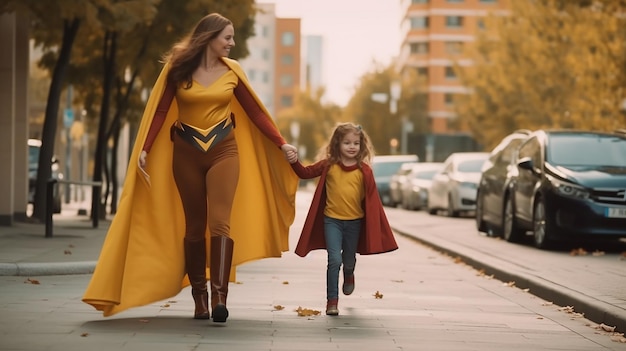 スーパーヒーローの衣装を着た女の子とお母さん