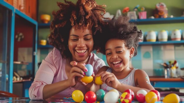 Photo girl and mother having fun while painting eggs for easter