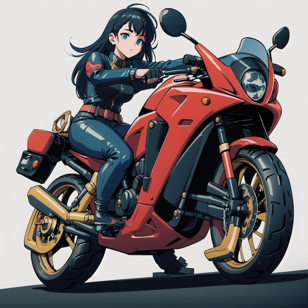 A girl on a motorcycle with a red motorcycle in the background.