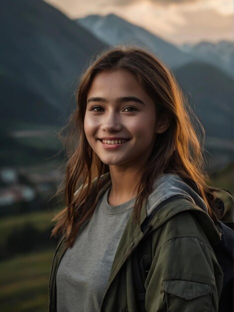 A girl on a mountain with a backpack